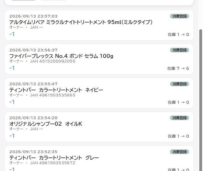 操作履歴。日時、商品、操作した人、在庫の変化